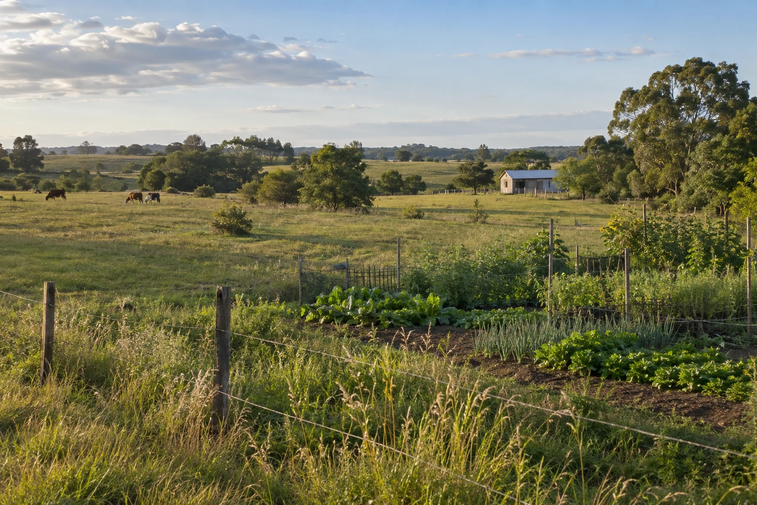 Paisaje ilustrativo con pasturas y producción vegetal diversificada