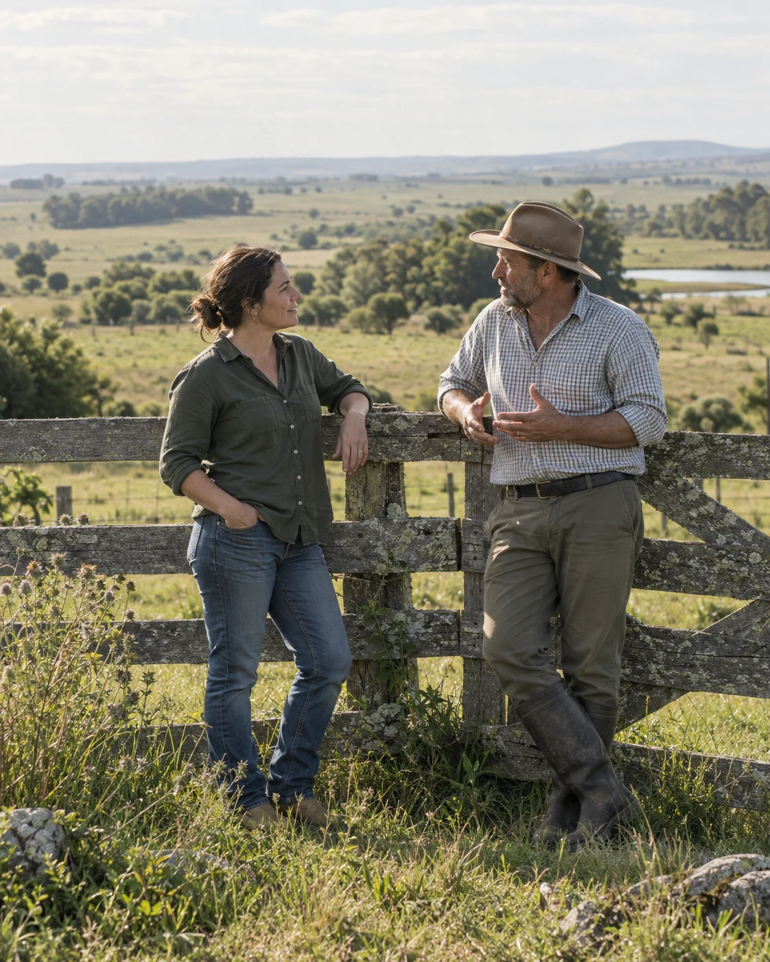 Escena ilustrativa de dos personas conversando junto a un campo