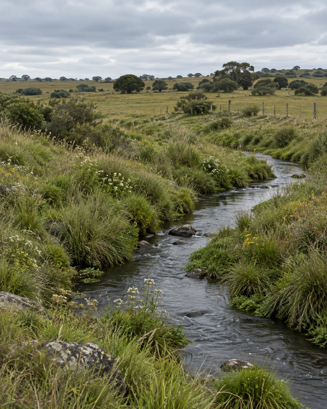 Paisaje ilustrativo de un arroyo entre pasturas y vegetación nativa