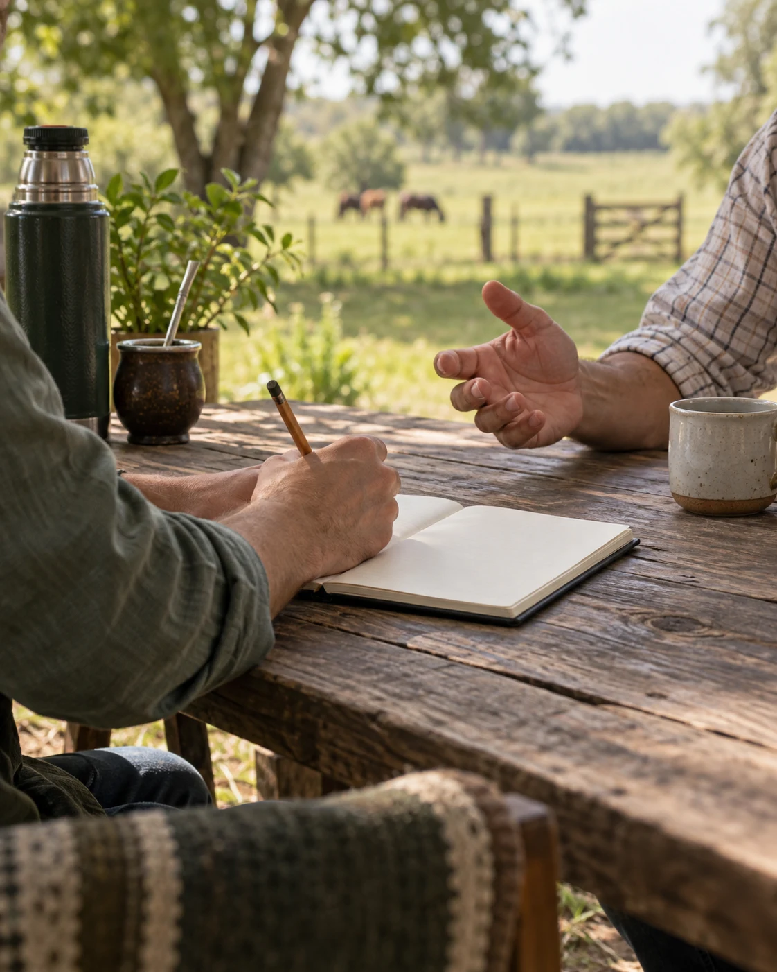 Escena ilustrativa de una conversación y toma de notas en el medio rural